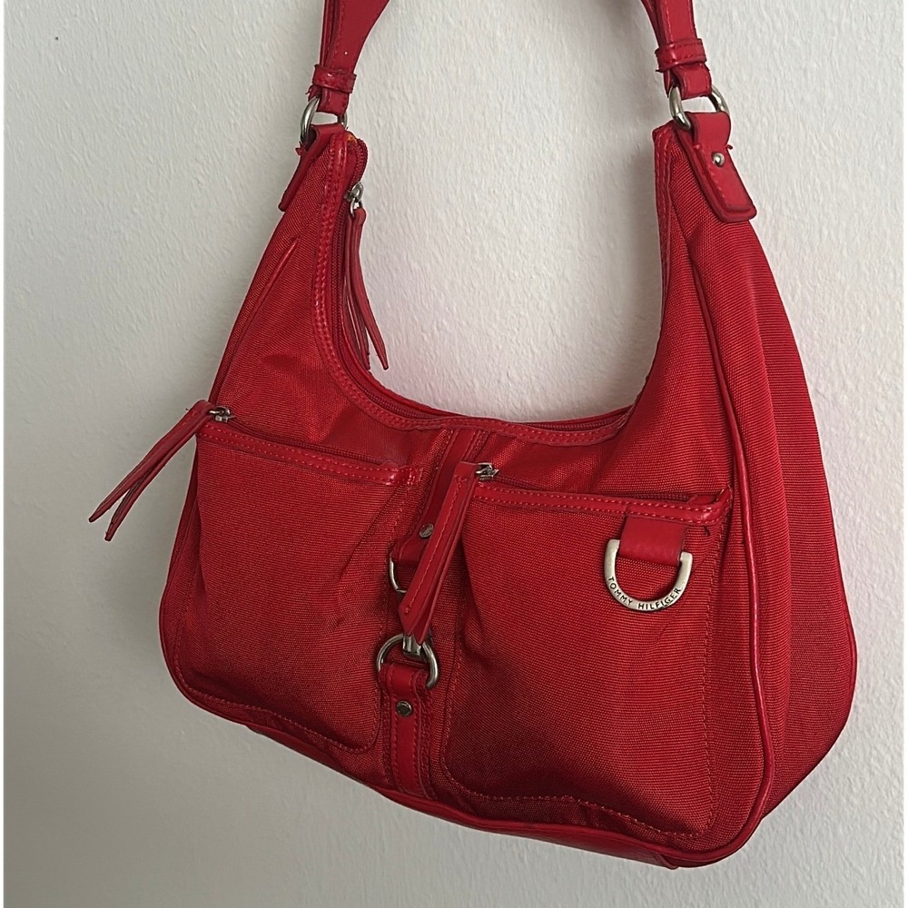 Tommy Hilfiger Red Canvas Hobo Shoulder Bag Front Zip Pockets Silver Hardware - Picture 3 of 5